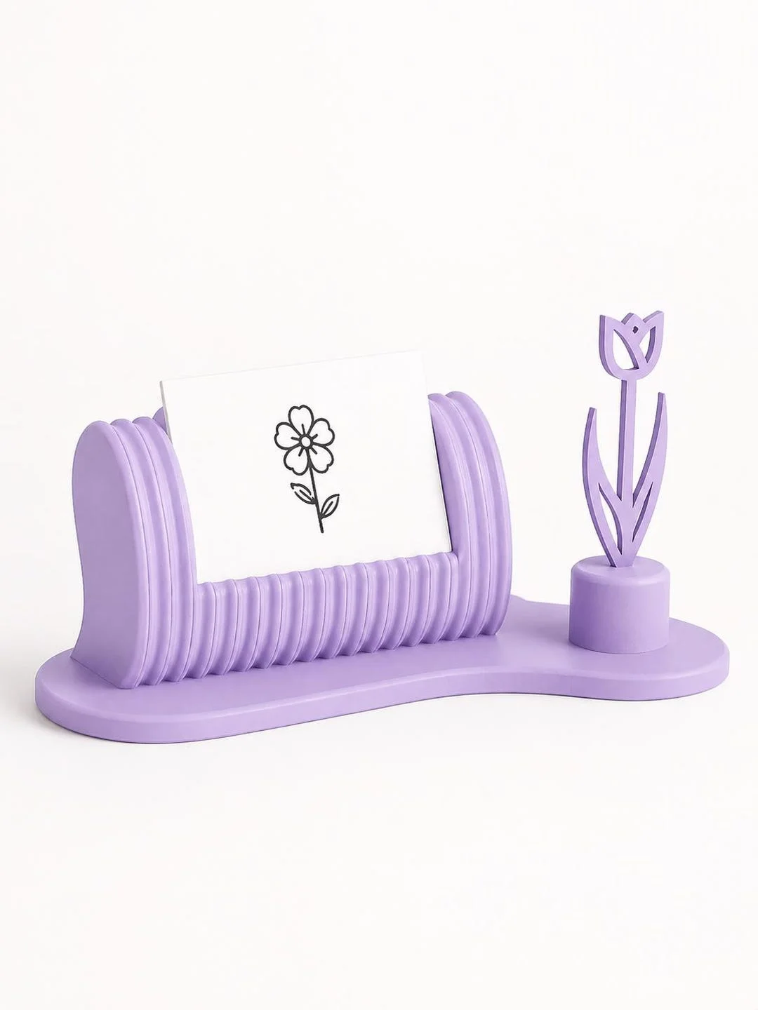 Floral business card holder in lavender purple with a business card displayed